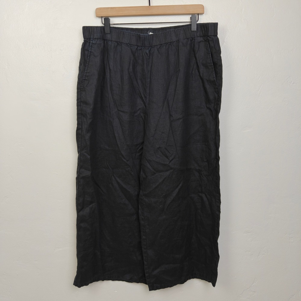 Eileen Fisher Women Pants Large Black Organic Linen Elastic Waist Wide Leg - Picture 2 of 8